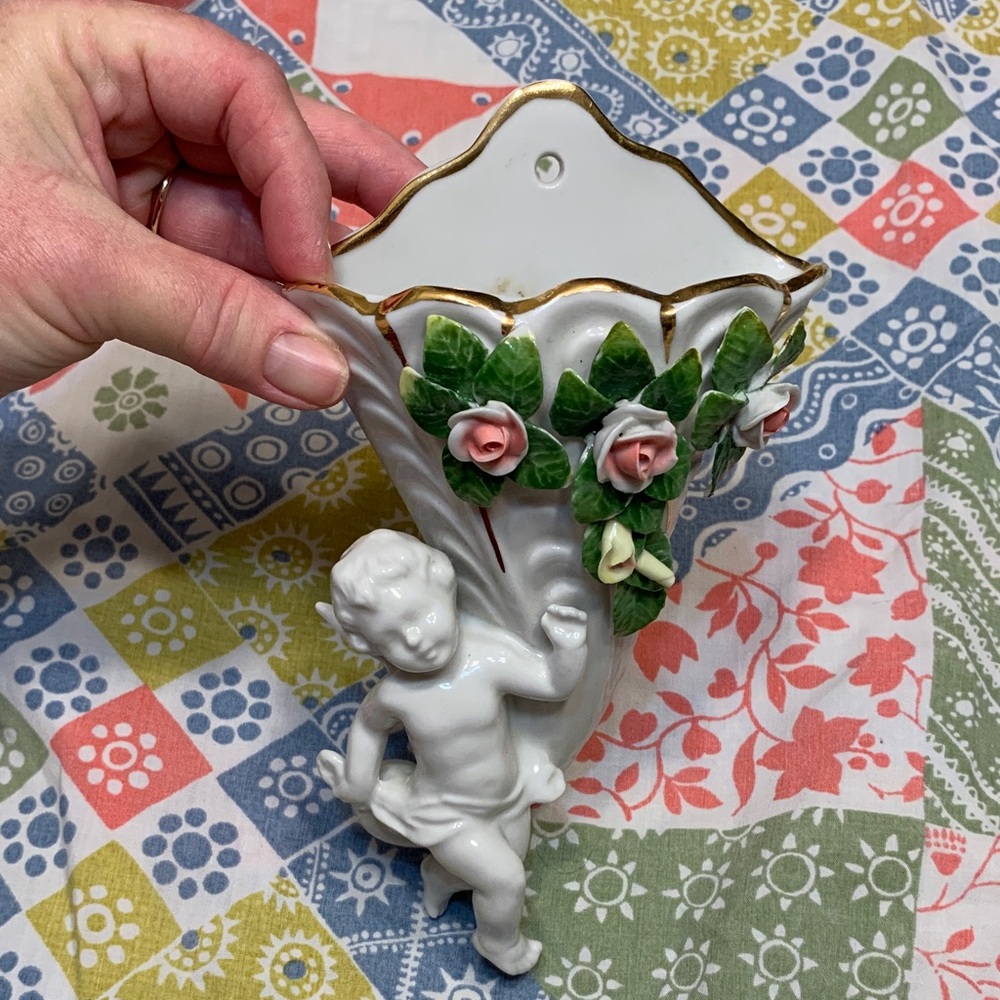 Vintage Dresden Porcelain Floral Cherub Wall Sconce Set - White and Pink - Picture 13 of 16